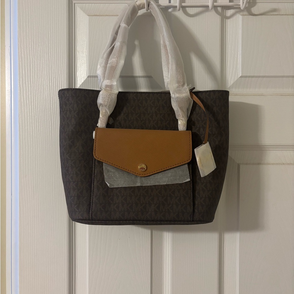 Michael Kors Brown Tote with Tan Front Pocket